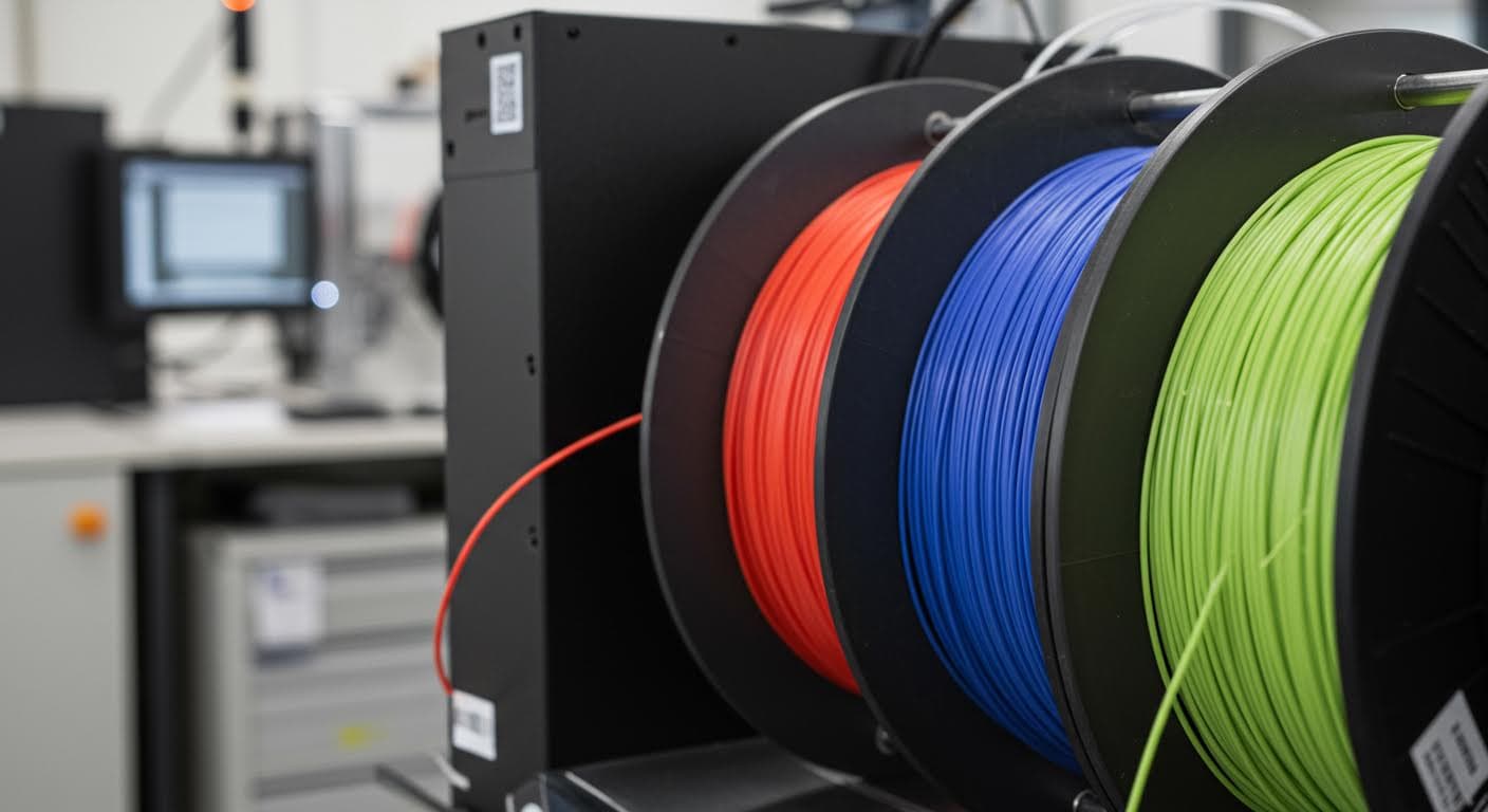 Close-up image of bio-based filament spools in a modern manufacturing environment, focusing on the material texture and colors