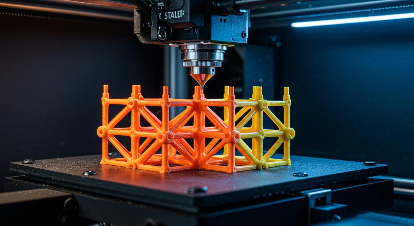 Detailbild von Stützstrukturen während des 3D-Drucks, fokussiert auf die feinen Filamente und das entstehende Modell, professionell und ohne Schrift.