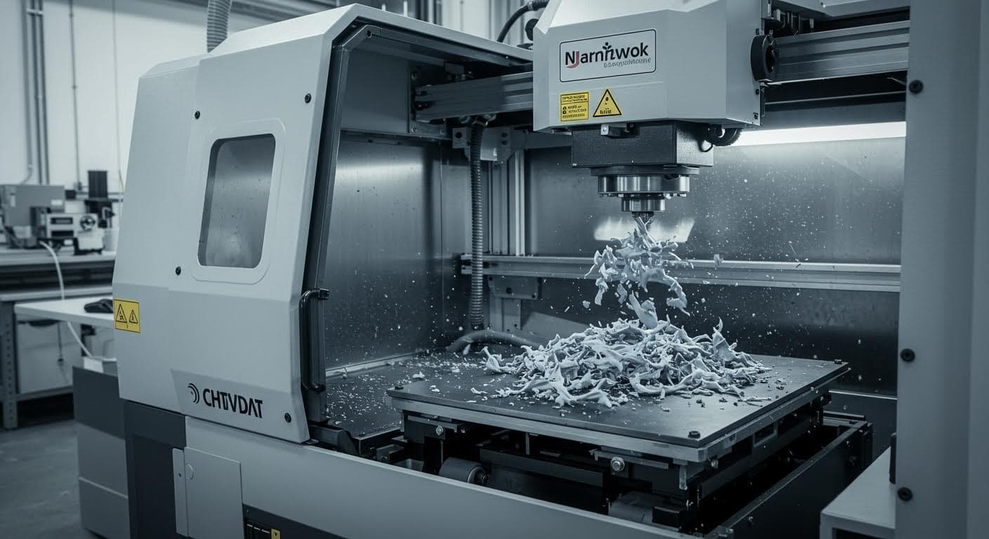 Professional shot of support structures being recycled in a grinder machine, emphasizing the mechanical process