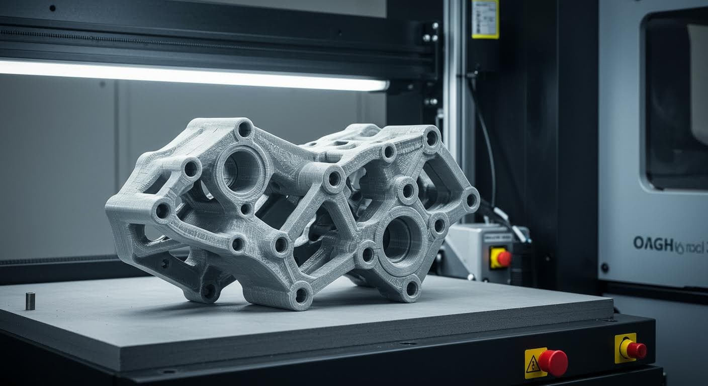 Ein komplexes, leichtes Bauteil aus dem 3D-Druck für die Luftfahrt, präsentiert auf neutralem Hintergrund, in hoher Qualität, rein visuell.