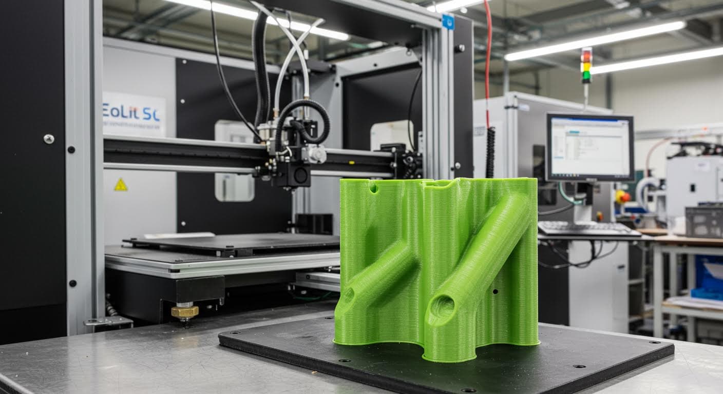 Detailed view of a completed 3D-printed object made from sustainable materials on a factory floor