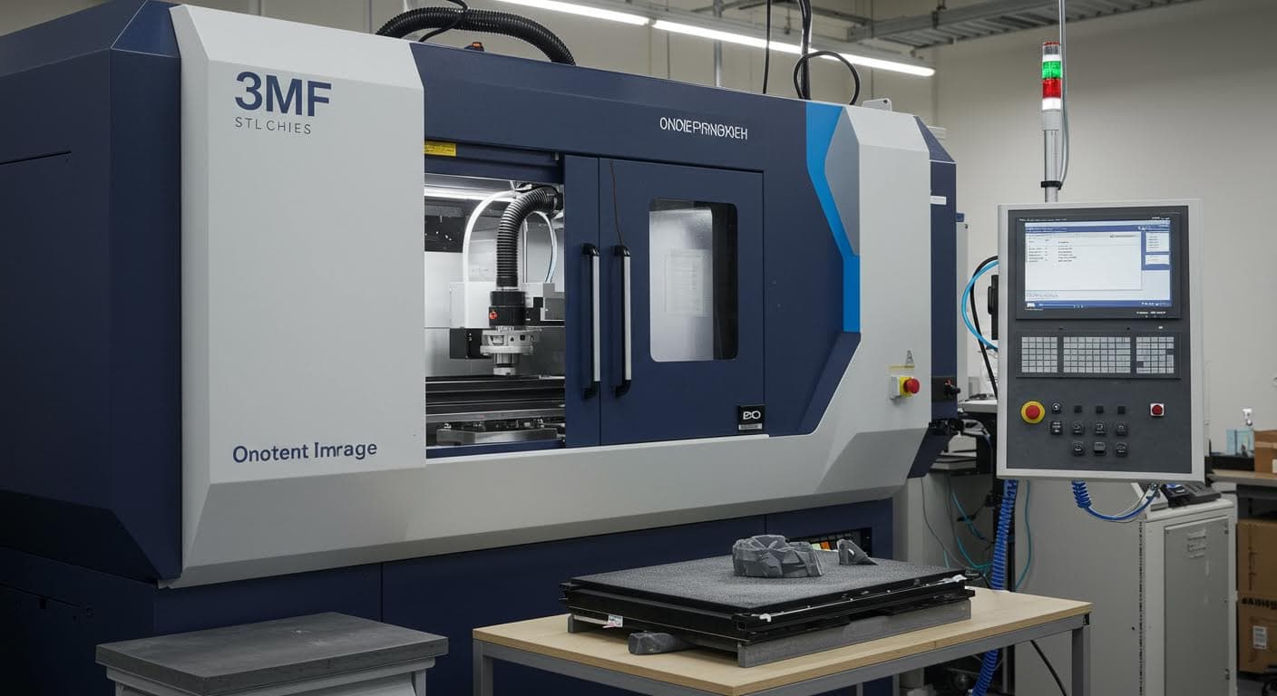 Hochauflösendes Foto einer SLS-Druckmaschine, die Pulver verarbeitet, mit Betonung auf Technologie und Präzision, ohne Texte oder Labels.