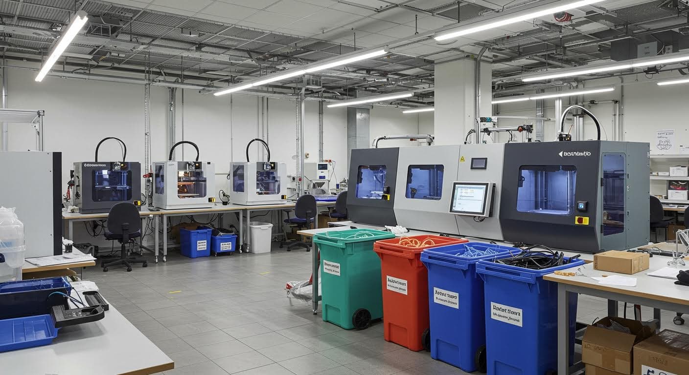 Wide-angle photo of an additive manufacturing lab with various 3D printers and recycled material bins