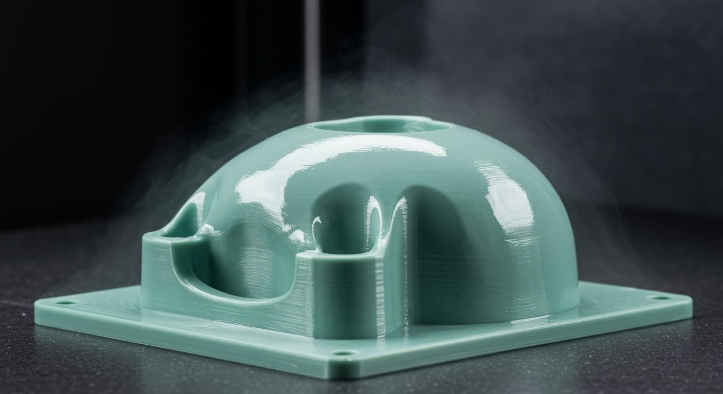 High-resolution photo of a smooth 3D-printed plastic part after vapor smoothing, showing glossy surface without any text or labels