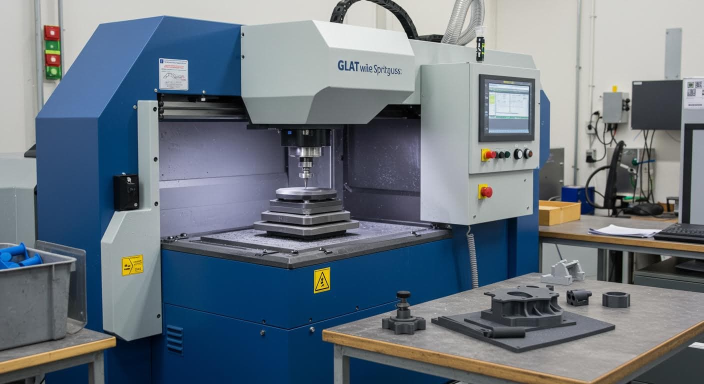 Professional image of a vibration finishing machine processing 3D-printed components, pure industrial setup no text