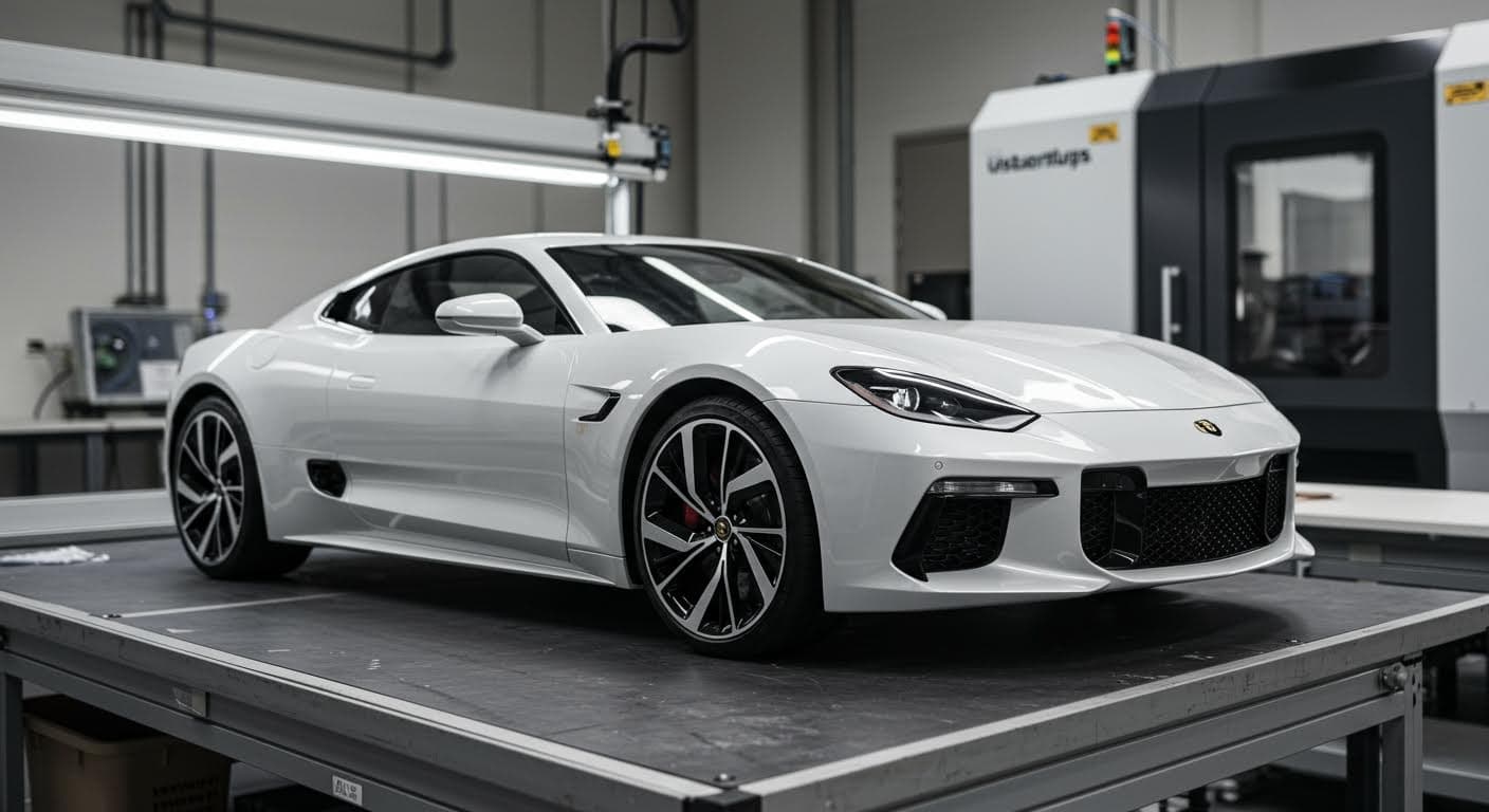 Industrial scene of 3D-printed automotive prototype before and after post-processing, no text elements