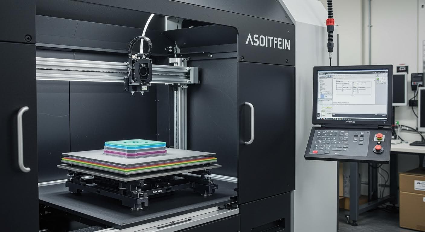 Photo of advanced 3D printer in operation producing layered parts, focus on technology without any writing