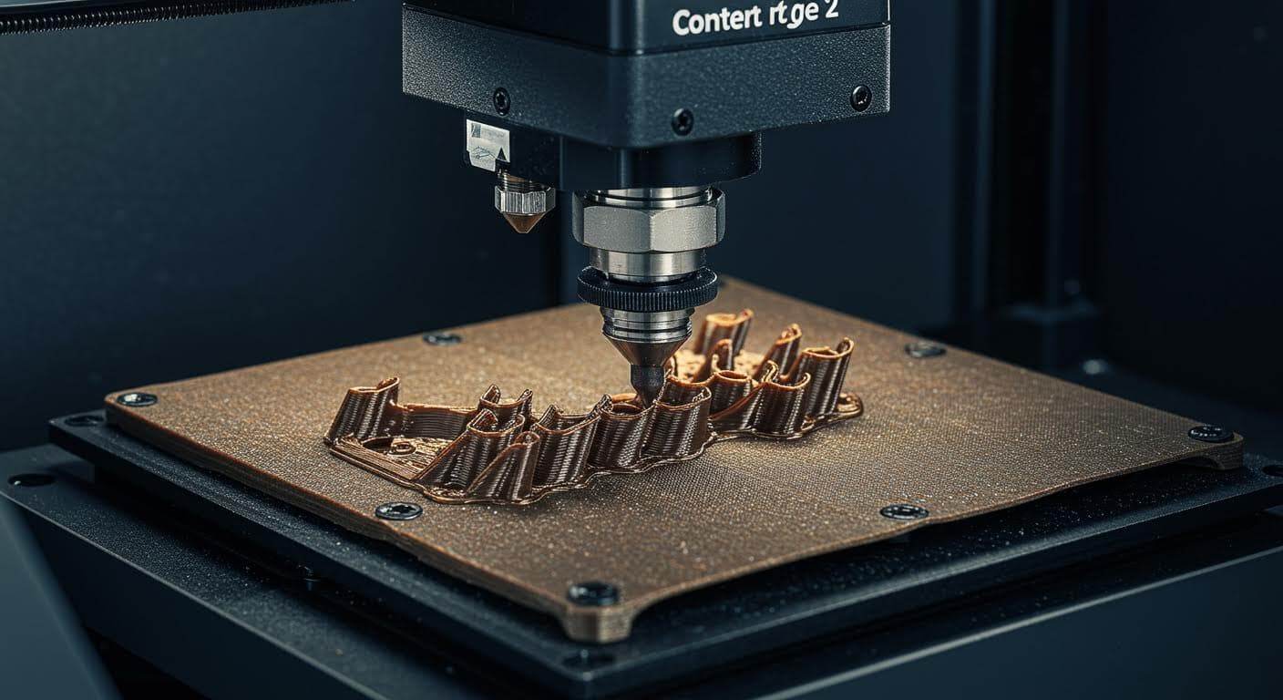 Close-up of advanced composite materials being extruded in a 3D printing process, showcasing texture and heat resistance visually, in professional quality without inscriptions.