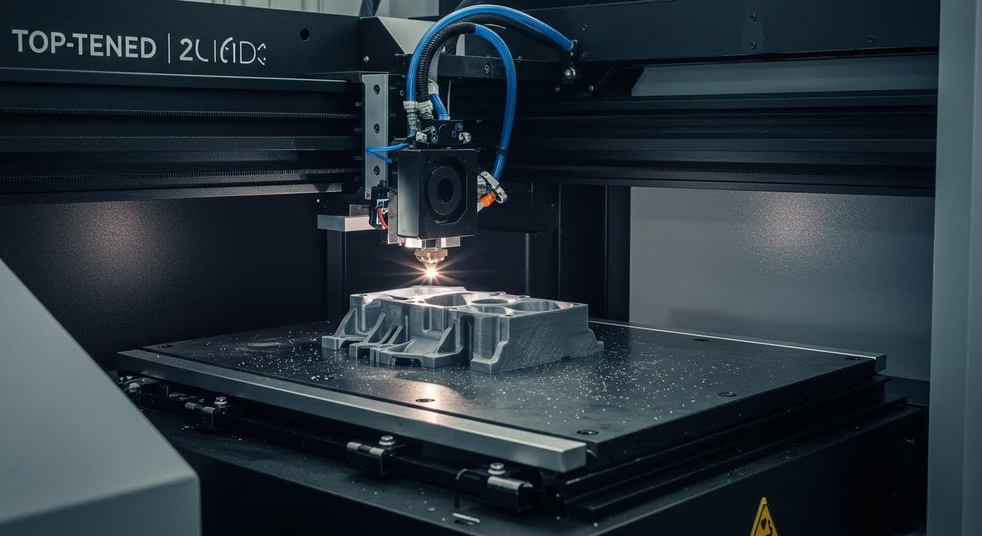 Image of a high-speed 3D printing machine with laser beams forming a part, captured in a clean workshop environment, emphasizing speed and precision without any written elements.