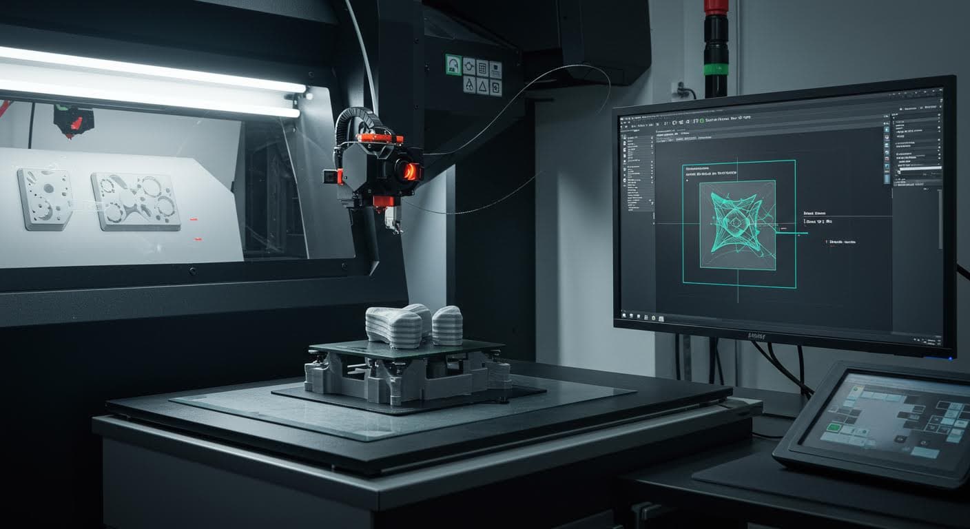 Visual representation of AI-optimized slicing in action, showing a digital model being processed into layers on a screen, but purely graphical without text or labels.