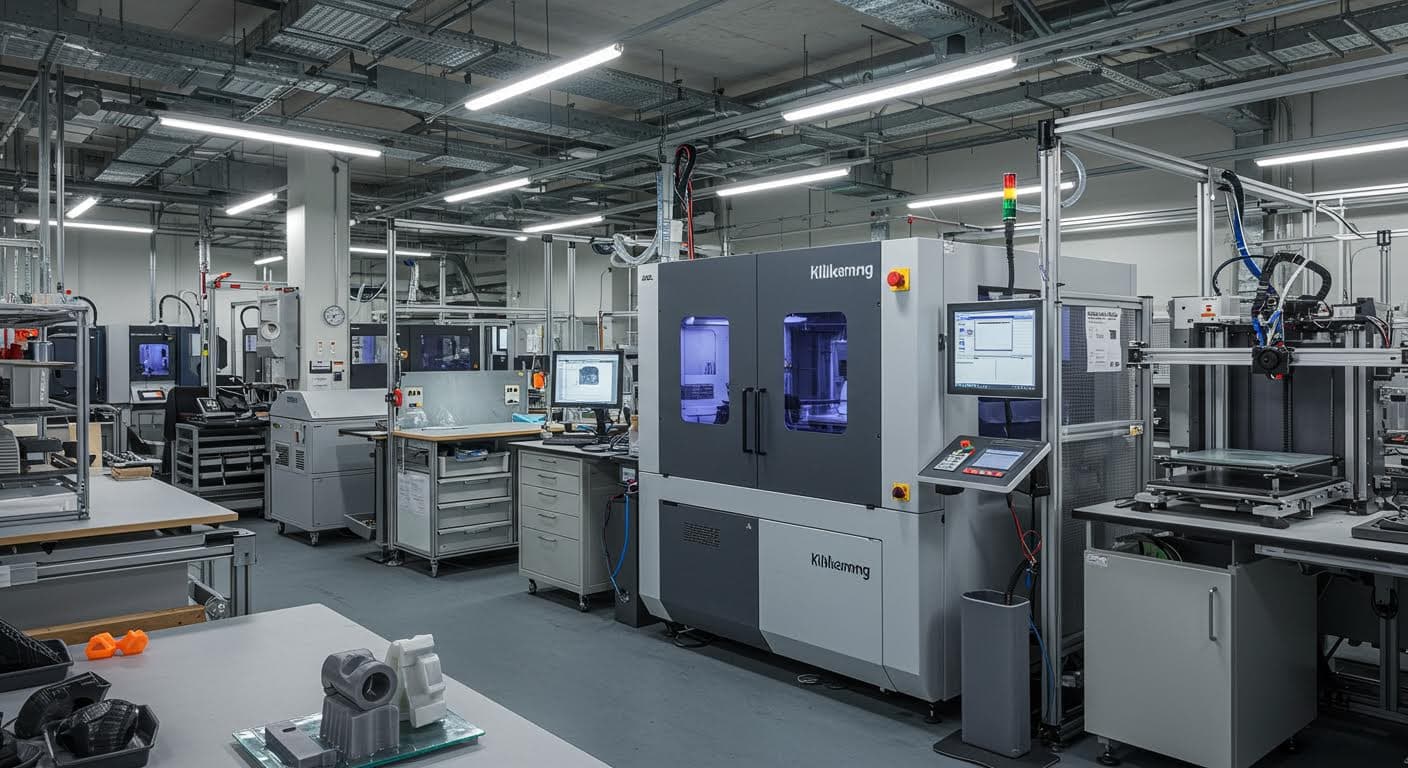 Photograph of a regional manufacturing facility in Baden-Württemberg with 3D printers operating, highlighting equipment and workflow in high detail, no text included.