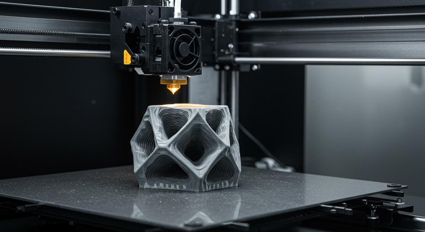 A high-resolution industrial photograph of a 3D printer actively printing a complex geometric part, focusing on the nozzle and layered structure, no text or labels.