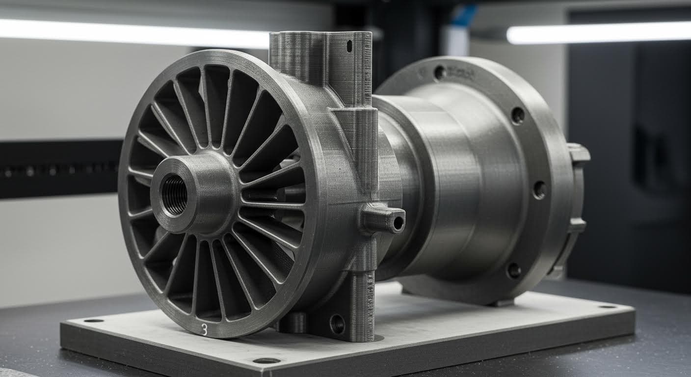 Detailed image of a finished 3D-printed industrial component, such as a turbine part, displayed on a neutral background, focusing on material quality and geometry without any labels.