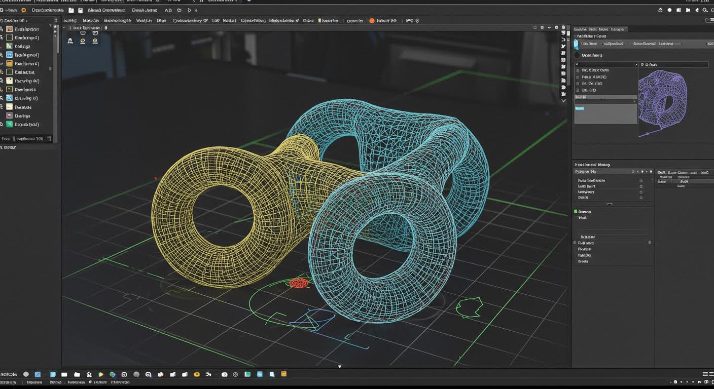 Close-up view of a detailed 3D mesh model being processed on a computer screen, showing wireframe and solid views purely visually, without any inscriptions.