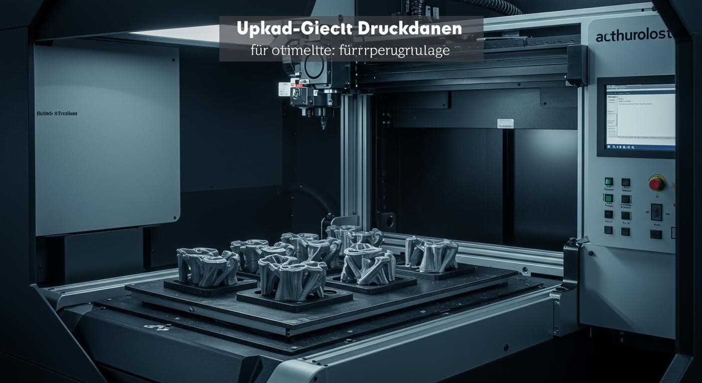 Professional image of an additive manufacturing machine with multiple printed prototypes on the build plate, emphasizing material textures and precision.