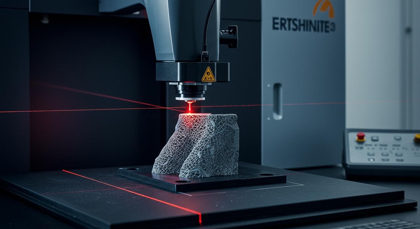 Image of a 3D scanner capturing a physical object, showing laser lines and the object in focus, purely technological without any text elements.