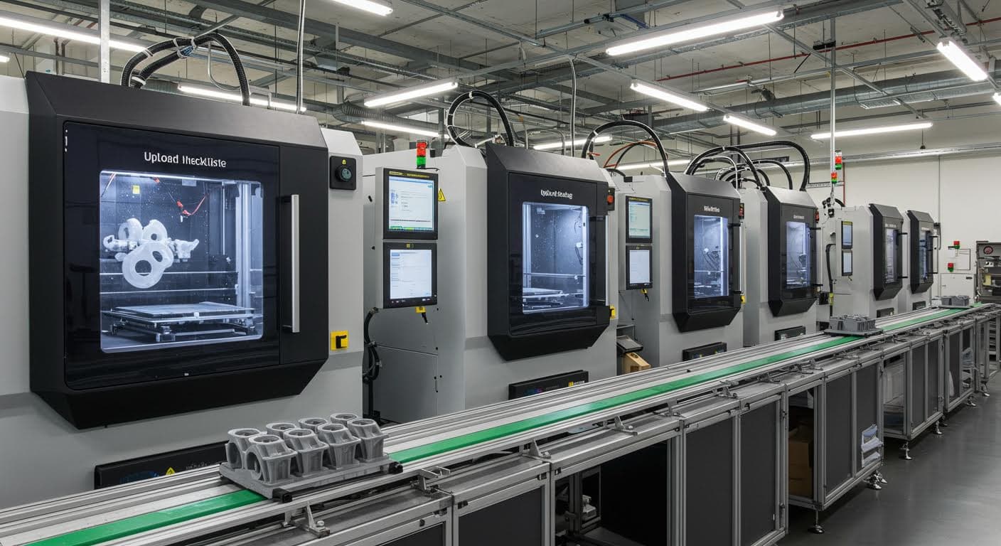 Wide-angle photo of a production line with several 3D printers producing parts in series, capturing the machinery and output in a clean factory environment.