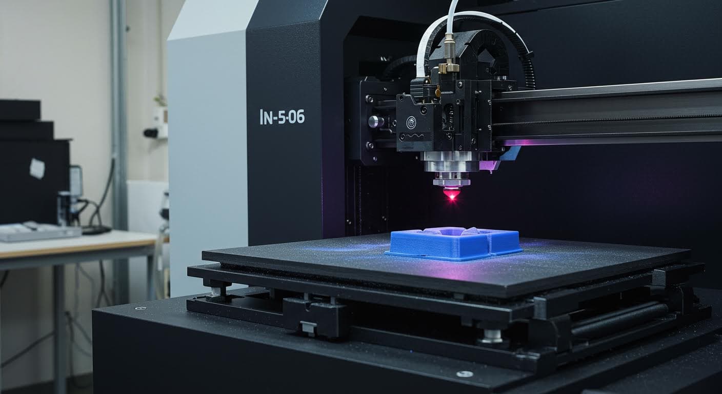Hochauflösende Aufnahme eines SLS-3D-Druckers, der Pulver sintert, mit Fokus auf den Laserstrahl und dem Pulverbett, professionelle Industriefotografie ohne Text.