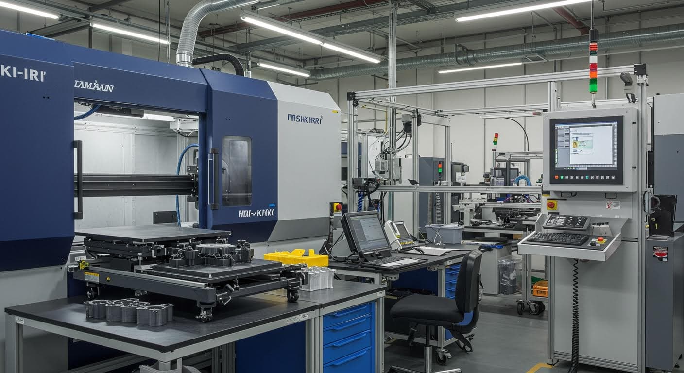 Industrielles Setting mit gefärbten 3D-gedruckten Komponenten in einer Fertigungsanlage, Fokus auf Ausrüstung und Produkte.