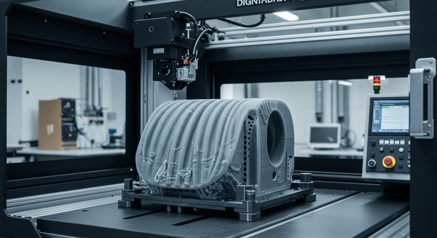 Hochauflösende Aufnahme eines 3D-gedruckten Gehäuses mit integrierten Wabenstrukturen, in industrieller Umgebung, reines visuelles Design ohne Text