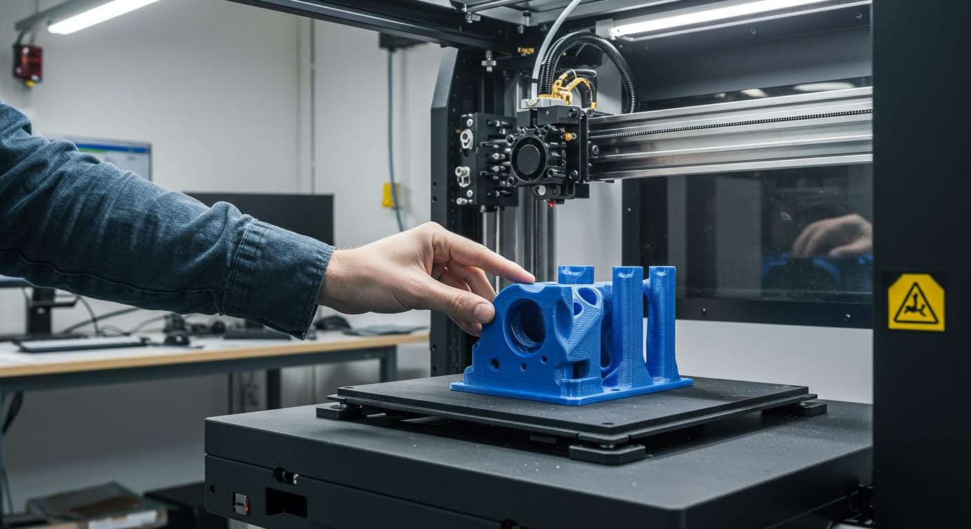 Professionelle Fotografie eines 3D-Druckers beim Aufbau eines vibrationsarmen Gehäuses, Fokus auf schichtweisem Prozess, magazinqualität
