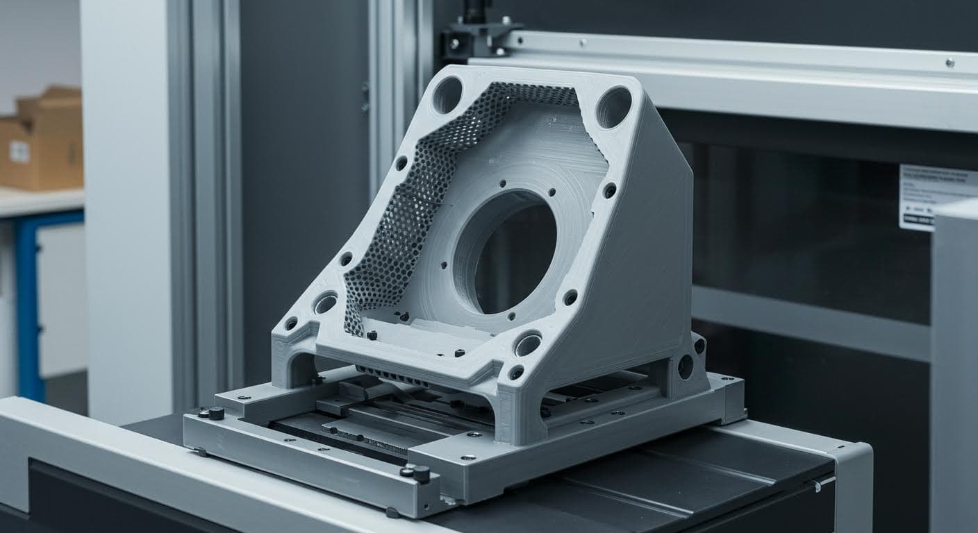 Industriefoto eines fertigen 3D-gedruckten Gehäuses montiert an einer Maschine, betont Leichtigkeit und Robustheit