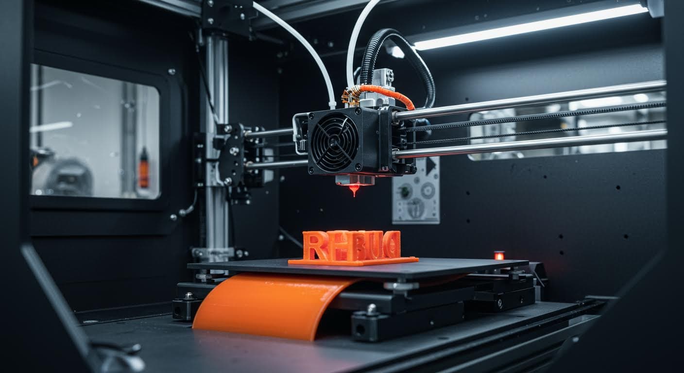 Hochauflösendes Foto eines 3D-Druckers beim Drucken eines flammhemmenden FR-Filaments in einer industriellen Werkstatt, Fokus auf den Druckkopf und das Material