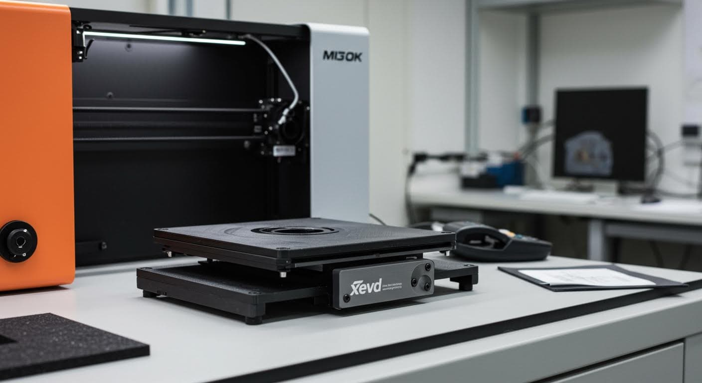 Nahaufnahme eines gedruckten ESD-Nylon-Bauteils mit leitfähigen Fasern, dargestellt in einem sauberen Laborumfeld ohne jegliche Beschriftungen