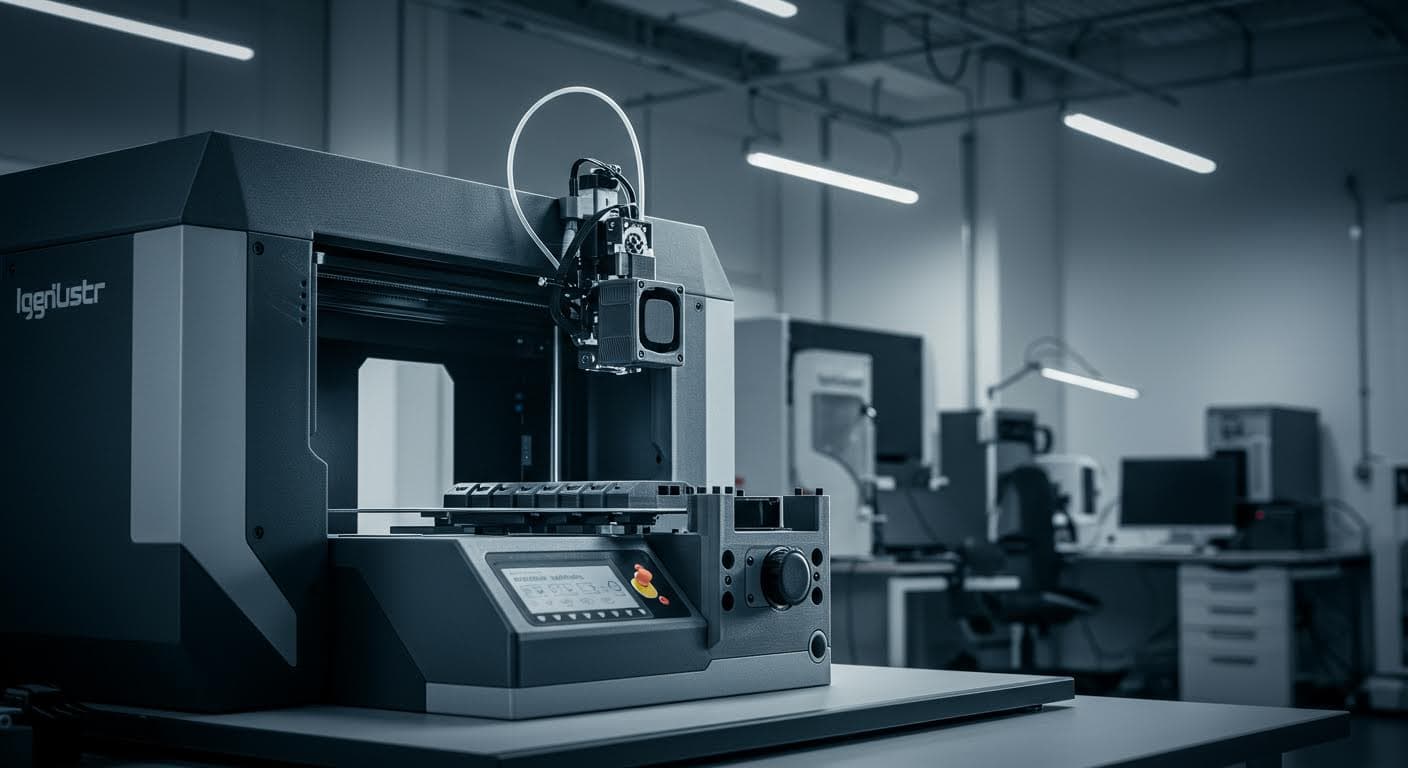 Professionelle Industriefotografie eines 3D-gedruckten Gehäuses aus hybriden FR-ESD-Materialien, beleuchtet mit Spotlights für Detailtreue