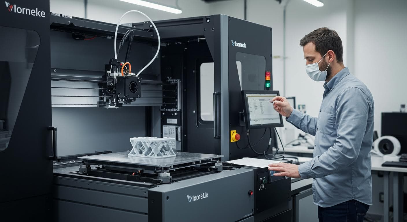 Visuelle Darstellung eines additiven Fertigungsprozesses mit ESD-Nylon-Filament, zeigend den Schichtaufbau ohne Texte oder Logos