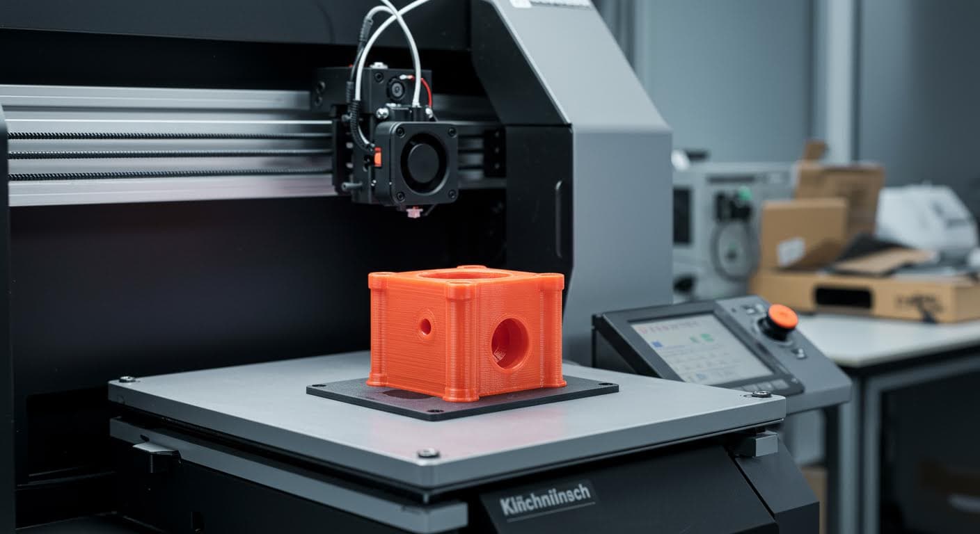 Hochwertiges Foto eines fertigen 3D-Druck-Produkts in flammhemmendem Material, platziert auf einem neutralen Hintergrund in Magazin-Qualität