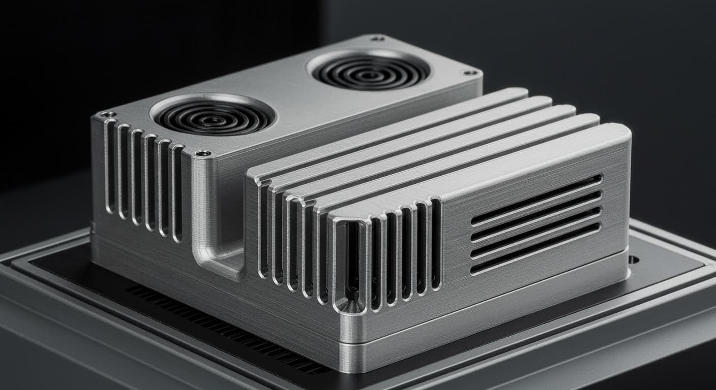 Close-up of a 3D-printed metal housing with integrated ventilation slots for heat dissipation in an industrial setting