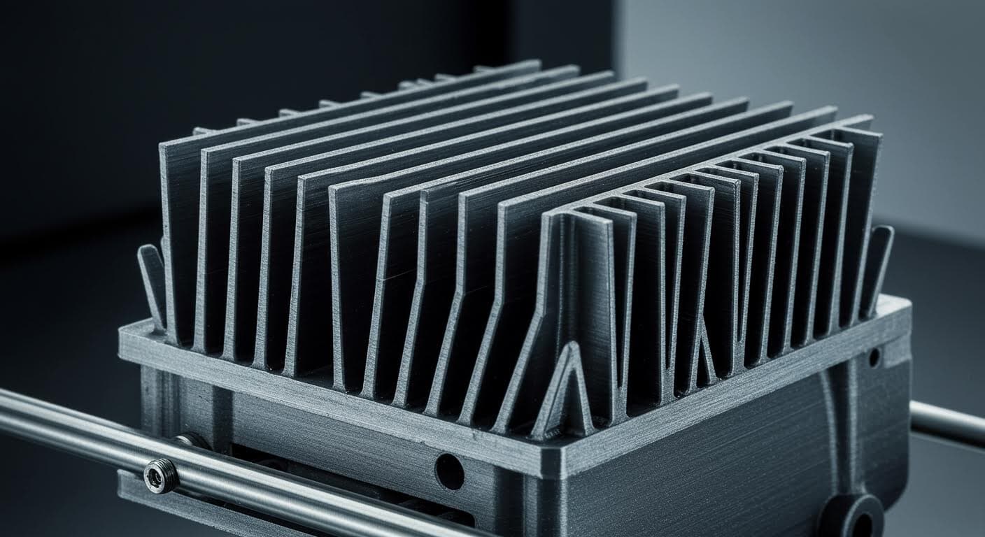 Detailed view of cooling fins on a 3D-printed component, showcasing intricate rib structures for enhanced airflow