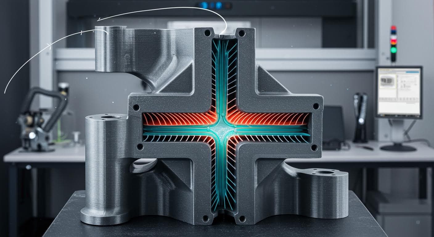 Cross-section of a 3D-printed part revealing internal cooling channels designed for efficient thermal management