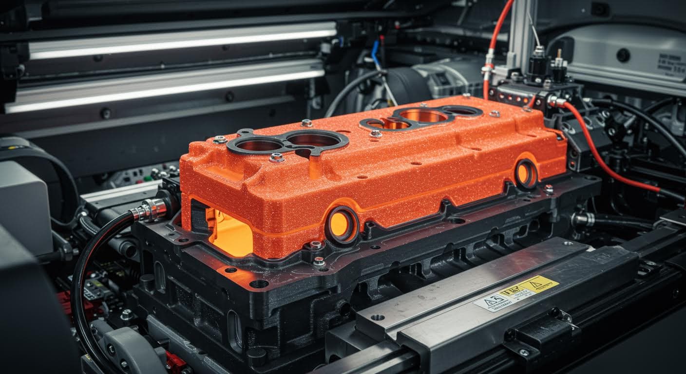High-resolution industrial photo of a 3D-printed heat-resistant engine component in a vehicle motor compartment, metallic surfaces and cables visible, professional lighting, no text or labels