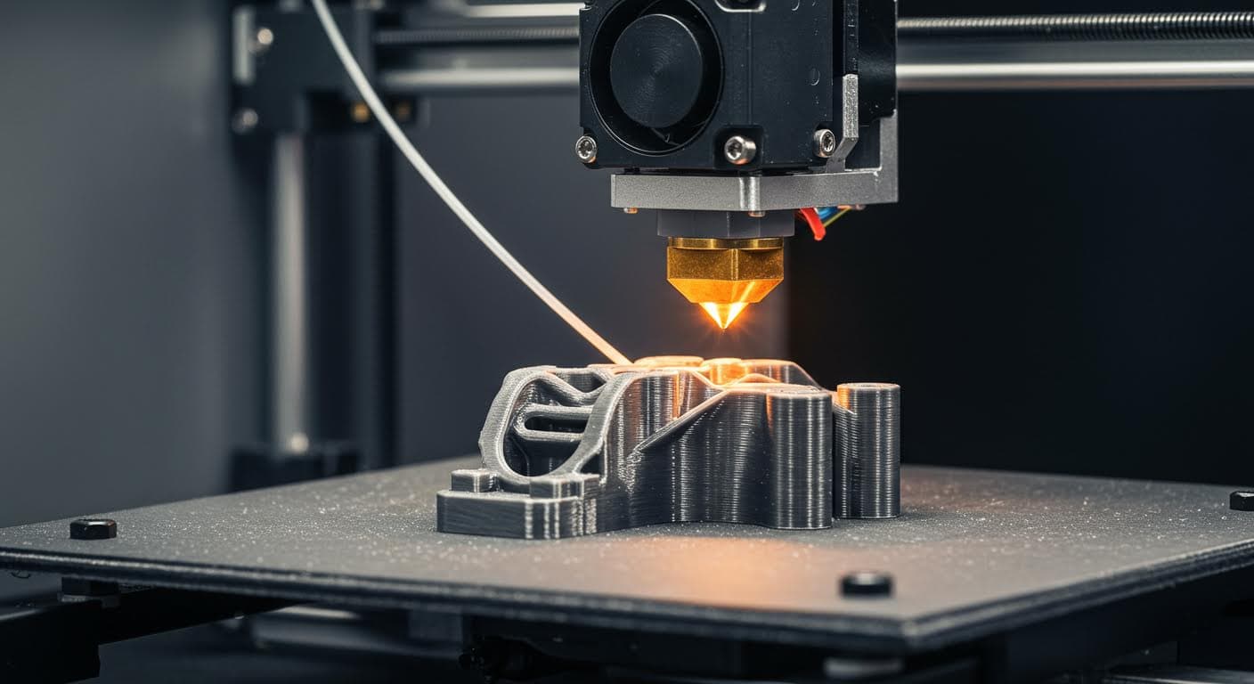 Close-up of 3D printing process with high-temperature filament extruding a complex part, printer nozzle and build plate in focus, clean workshop setting, no text
