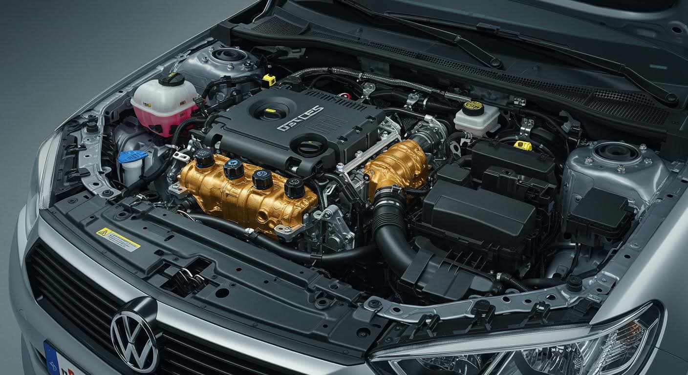 Photograph of an open car engine bay with integrated 3D-printed insulating parts, wires and metal housings, realistic automotive environment, no inscriptions