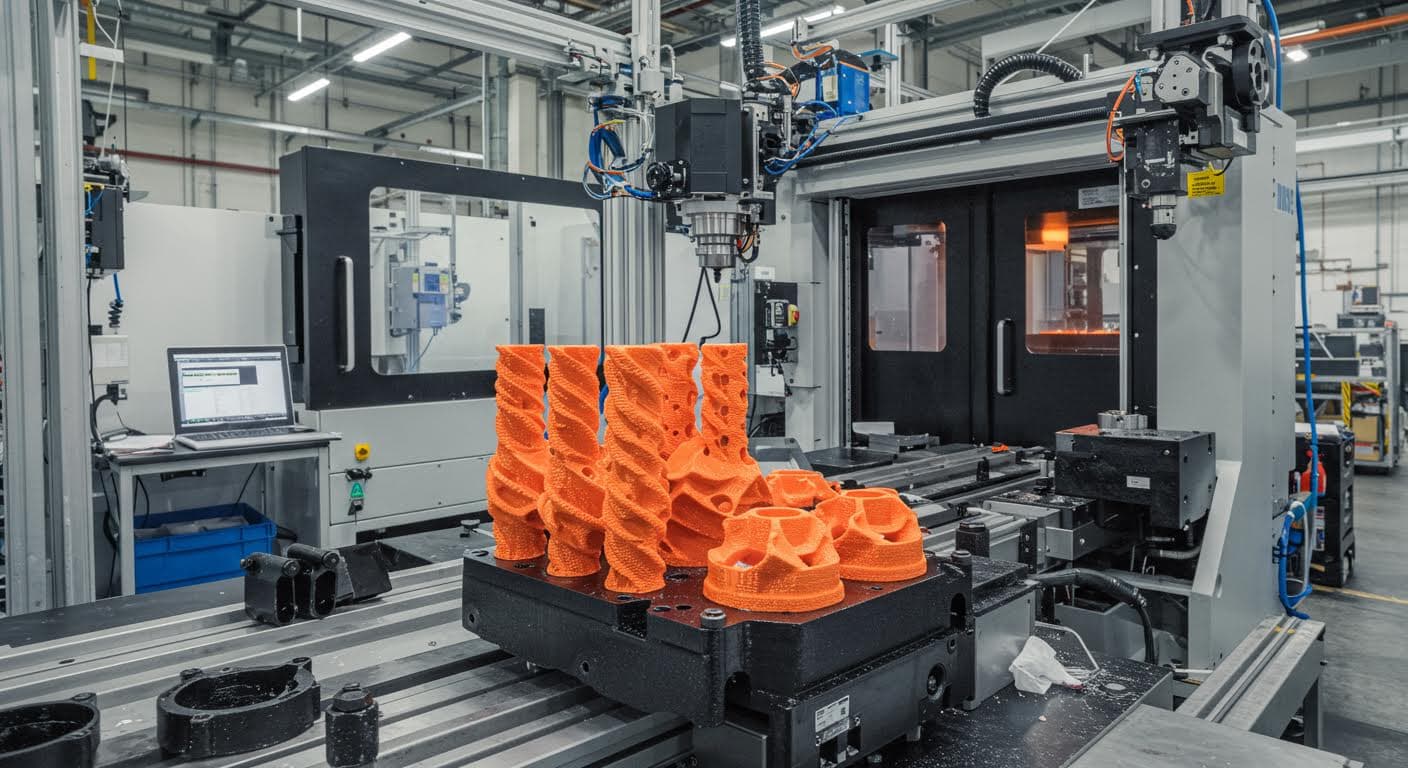 Industrial machine assembly line showing heat-resistant 3D-printed gears and bearings in operation, factory background, high detail, no text elements