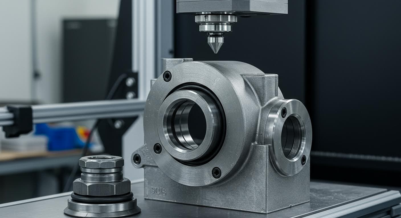 Hochauflösende Nahaufnahme eines präzise 3D-gedruckten O-Ring-Sitzes aus Metall, mit sichtbaren Nutdetails und glatten Oberflächen, in industrieller Umgebung.