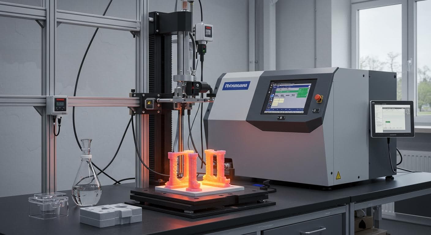 Lab setup with thermal testing equipment on 3D-printed materials, heat sources and sensors visible, scientific atmosphere, no labels or writing