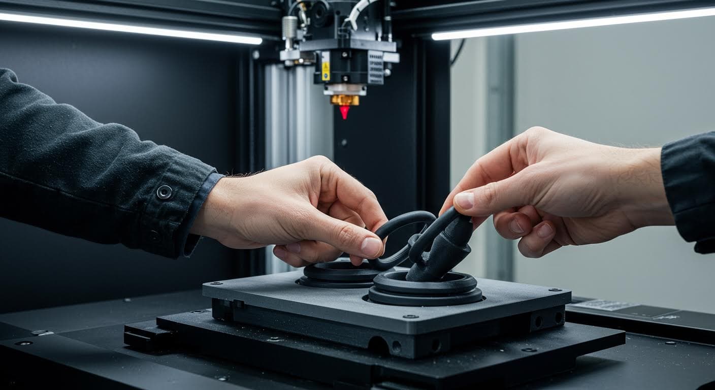 Professionelle Fotografie von Elastomer-Materialien in einem 3D-Drucker, zeigend den Druckprozess ohne jegliche Beschriftungen.