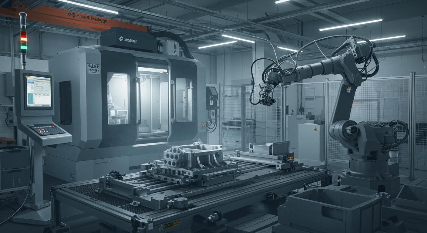Real-world application of 3D-printed machine part in a manufacturing plant, robotic arms and components, dynamic scene, no text
