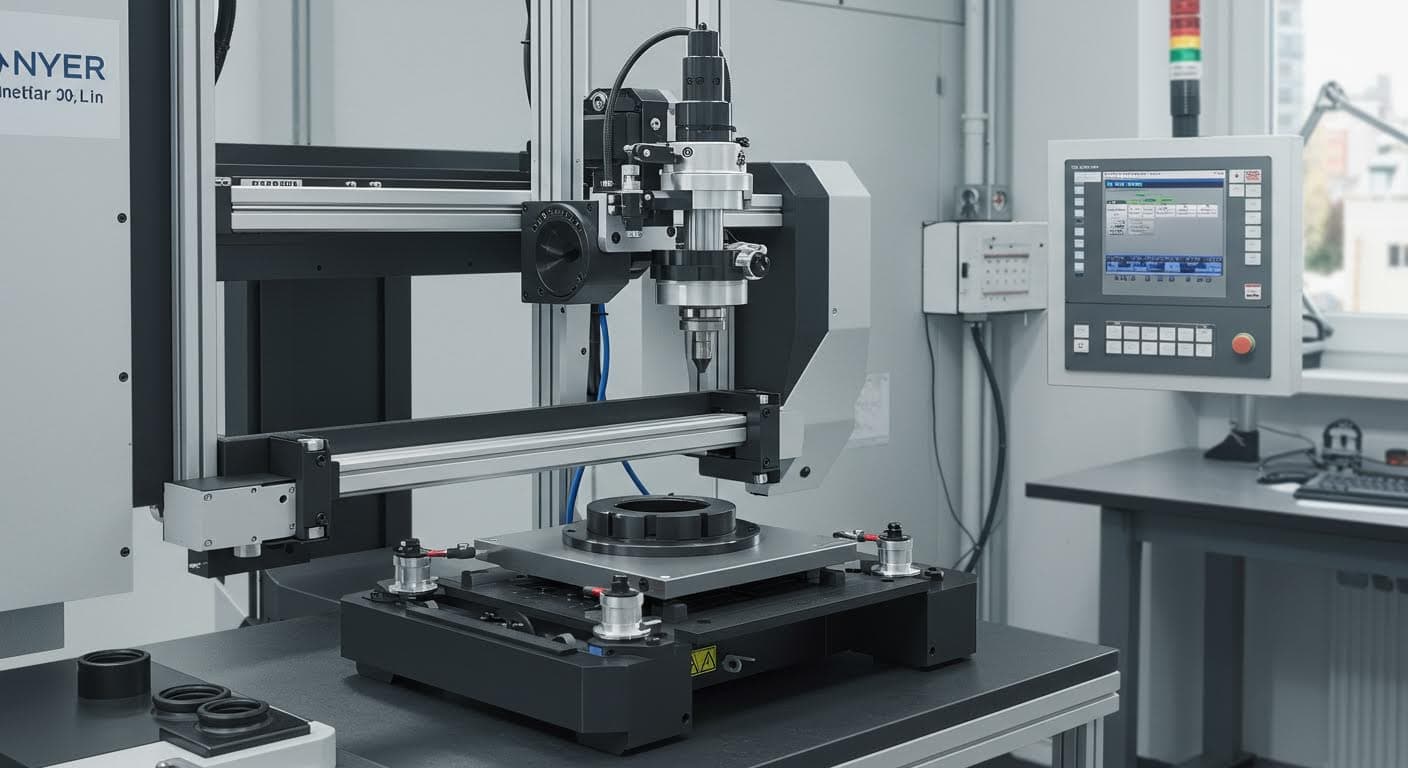Industriefoto eines Prüfgeräts für Dichtungen, mit mechanischen Komponenten und Testsetup, rein visuell ohne Labels.