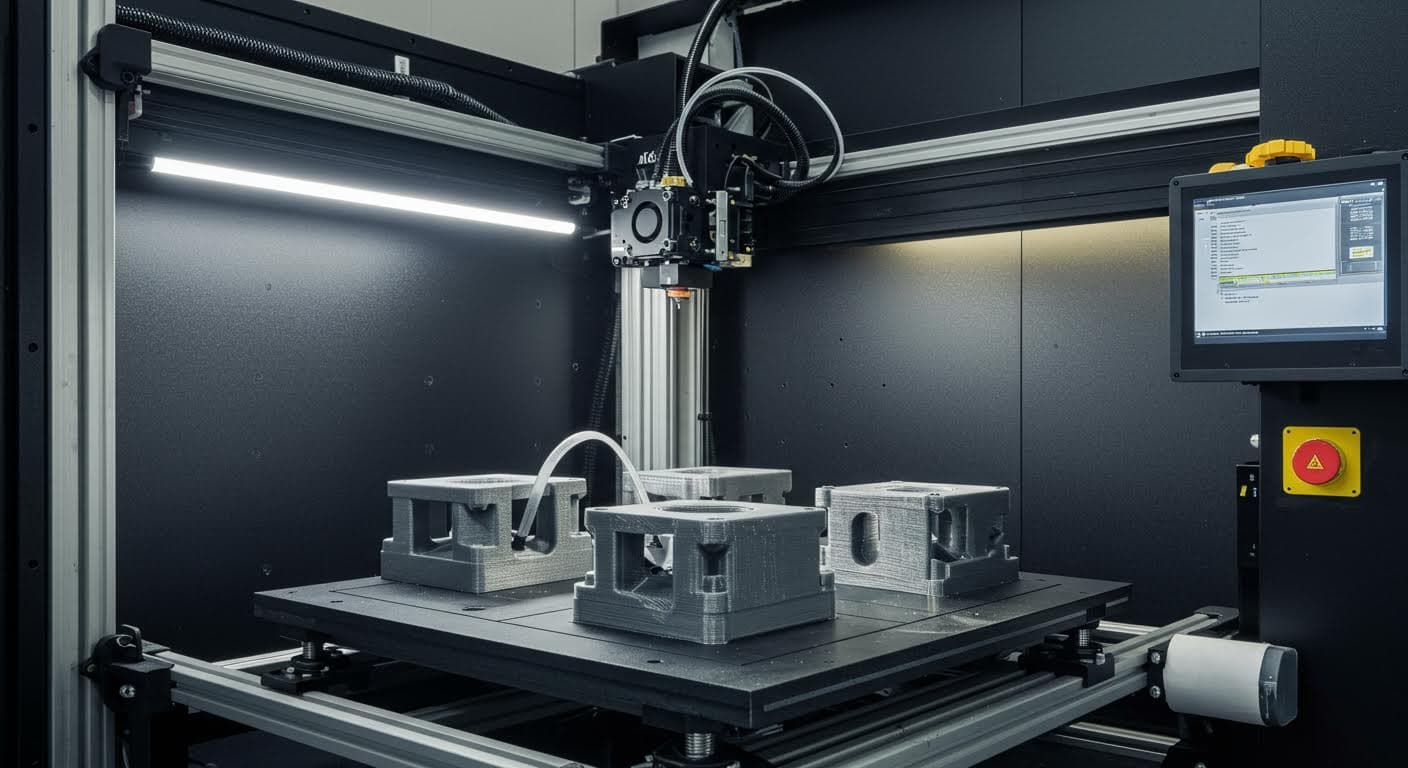 Magazin-qualitäts Bild eines 3D-Druckers bei der Herstellung von Dichtungssitzen, betonend die Schicht-für-Schicht-Aufbau.