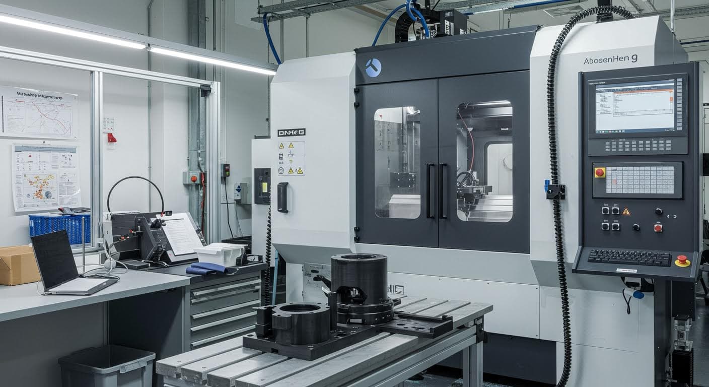Fotografie einer regionalen Fertigungsanlage in Süddeutschland, zeigend 3D-Druck-Equipment in Aktion, professionell und schriftfrei.