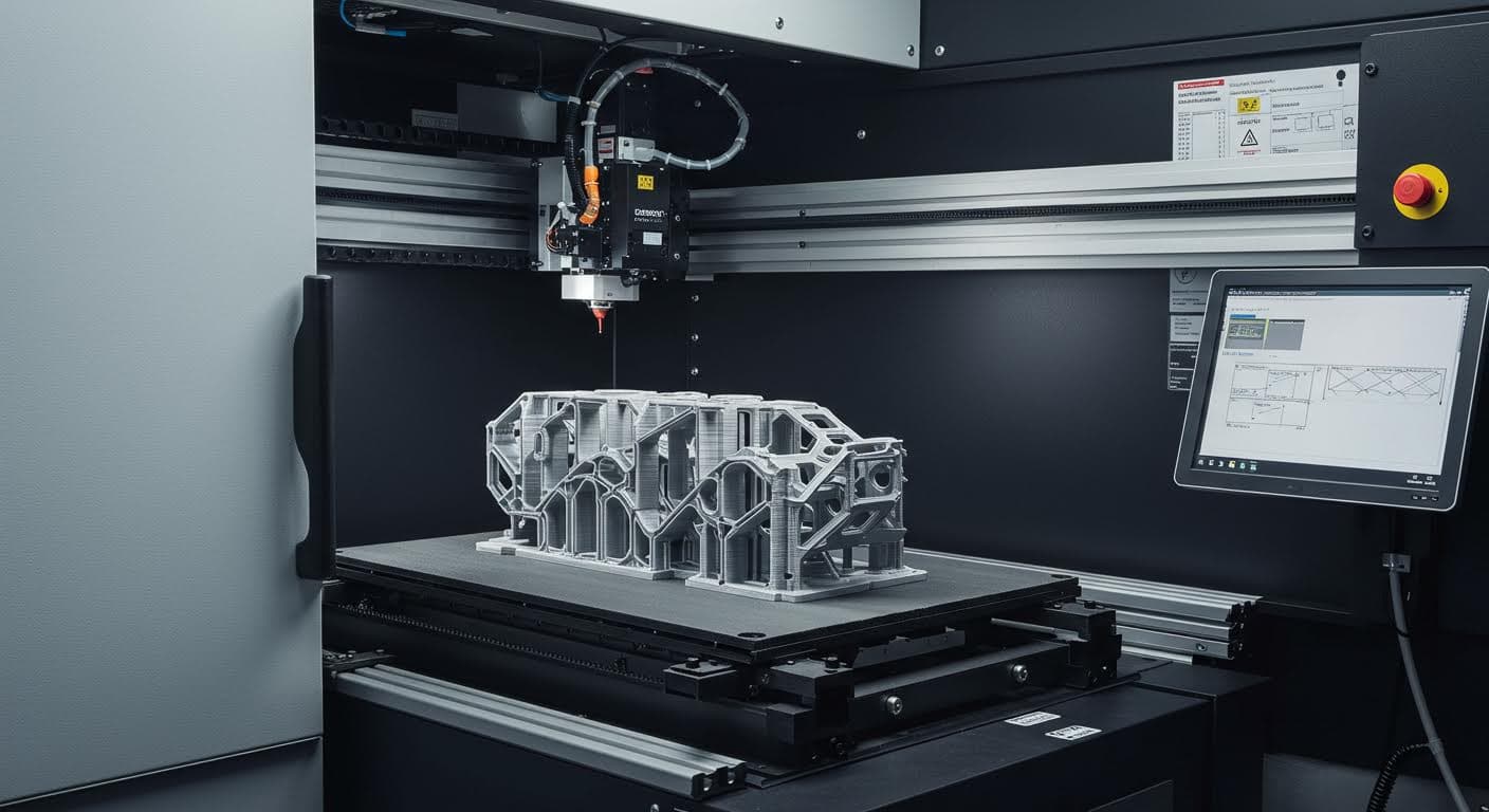 Hochauflösendes Foto eines industriellen 3D-Druckers, der schichtweise ein komplexes Verpackungsteil aufbaut, mit Fokus auf den Druckkopf und dem entstehenden Objekt in neutralem Hintergrund.