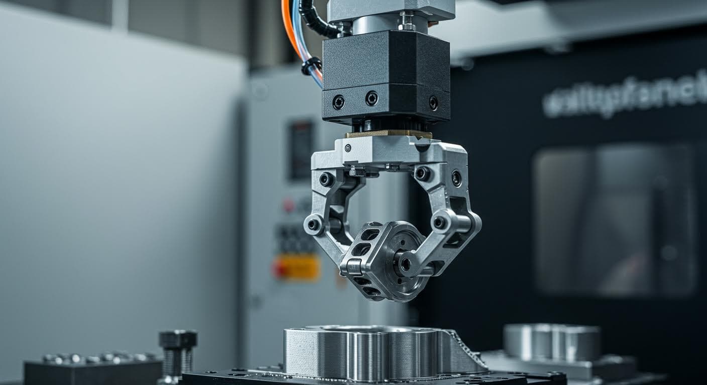 Close-up of a 3D-printed mechanical gripper holding a metallic part in a factory setting, high-resolution industrial photography