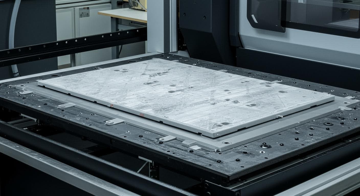 Nahaufnahme einer additiv gefertigten Gitterstruktur für Transportschutz, zeigend feine, stabile Maschen ohne jegliche Beschriftung, in professioneller Beleuchtung.