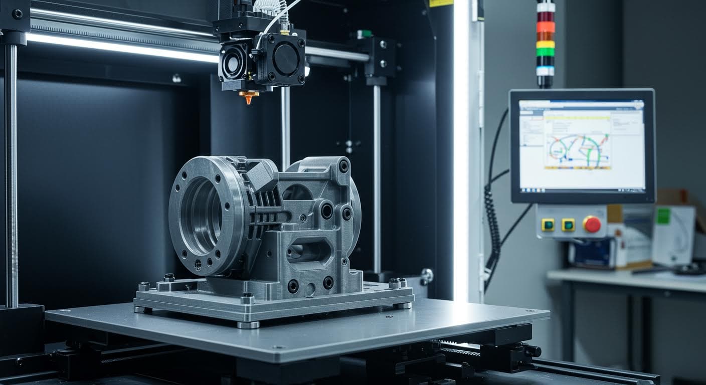 3D printer in operation, layering material to form a complex fixture, professional side view without any text
