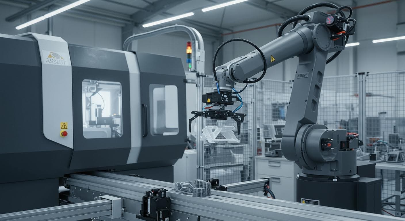 Robotic arm equipped with a 3D-printed gripper manipulating an object on an assembly line, dynamic industrial scene